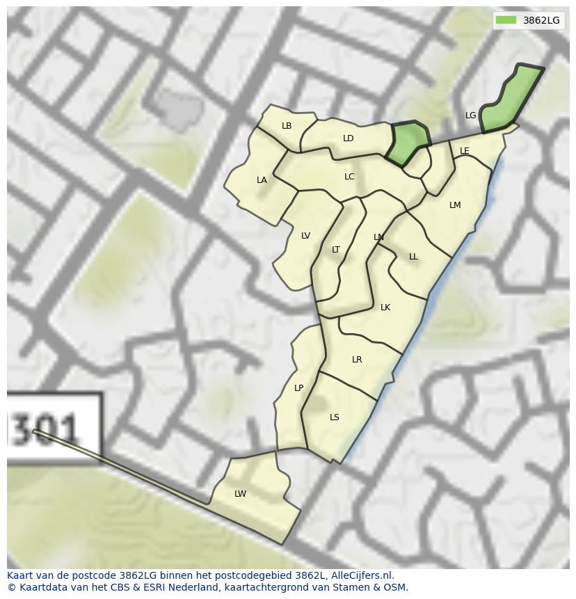 Afbeelding van het postcodegebied 3862 LG op de kaart.