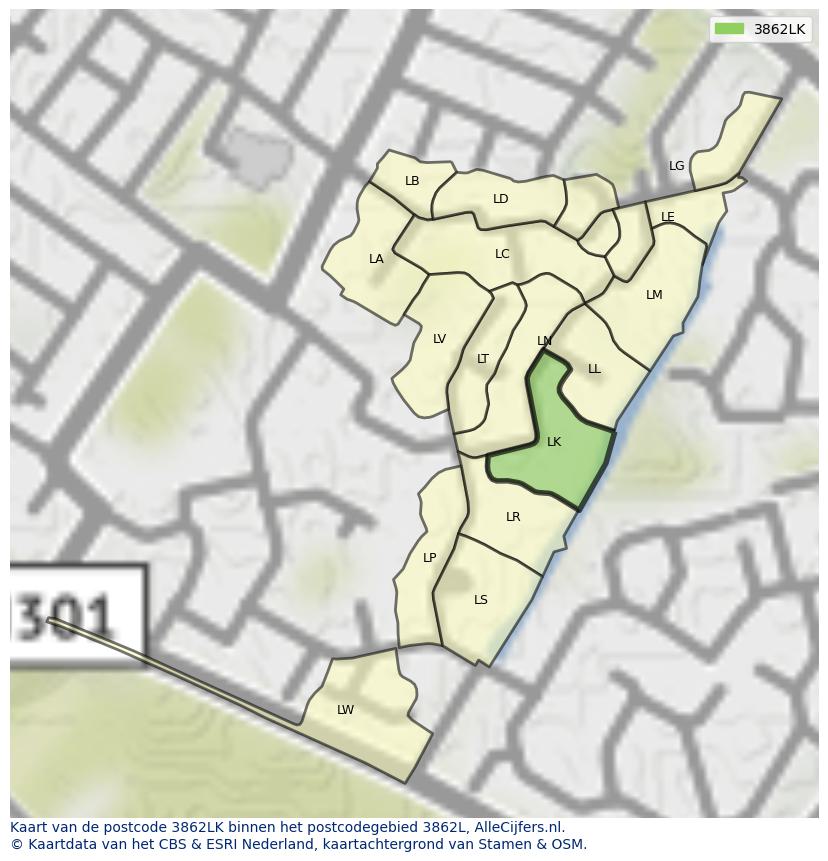 Afbeelding van het postcodegebied 3862 LK op de kaart.