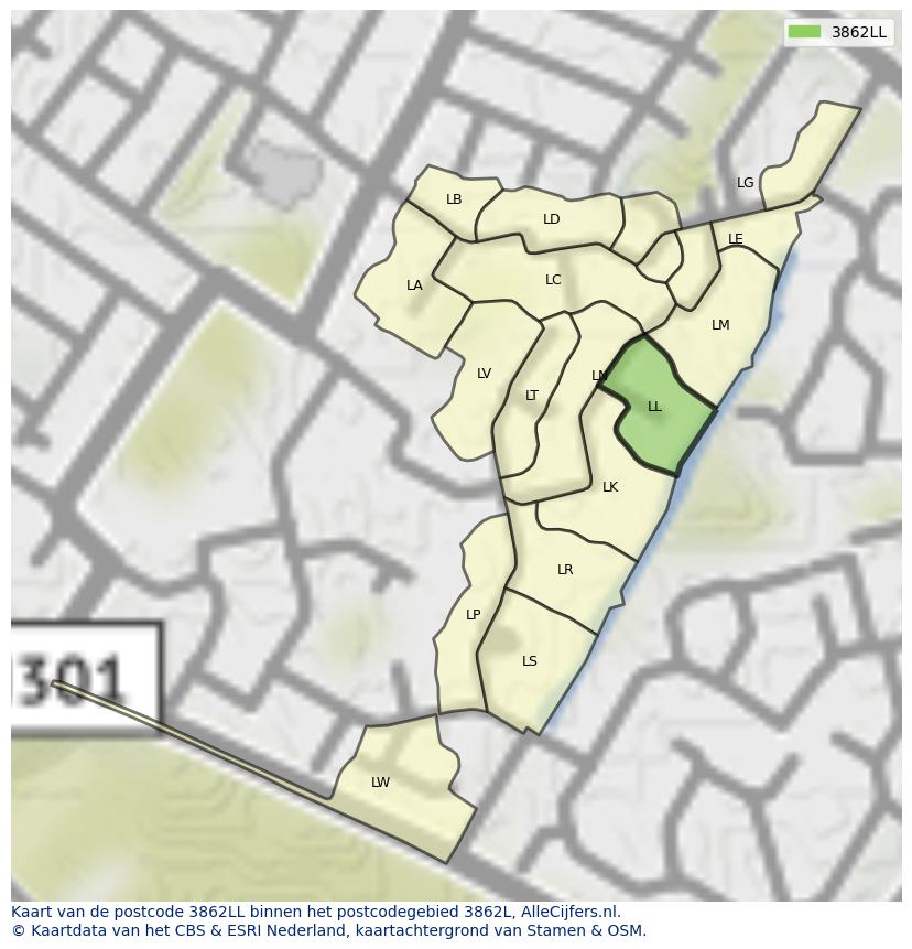 Afbeelding van het postcodegebied 3862 LL op de kaart.