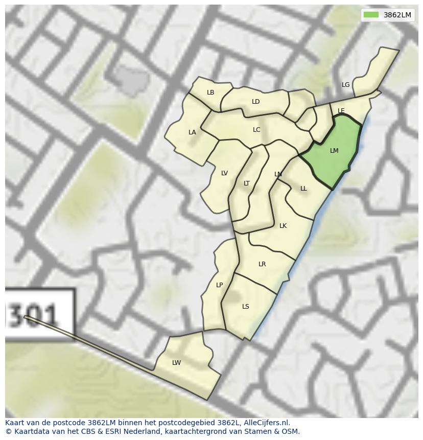 Afbeelding van het postcodegebied 3862 LM op de kaart.