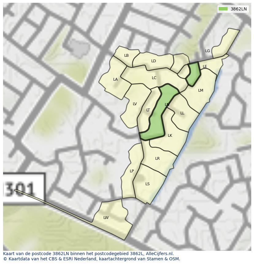 Afbeelding van het postcodegebied 3862 LN op de kaart.