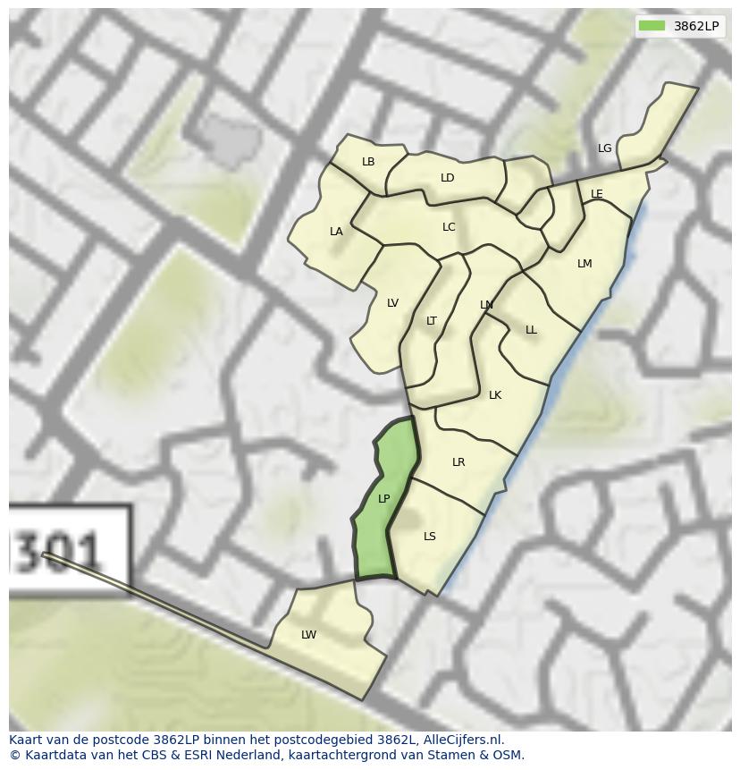 Afbeelding van het postcodegebied 3862 LP op de kaart.