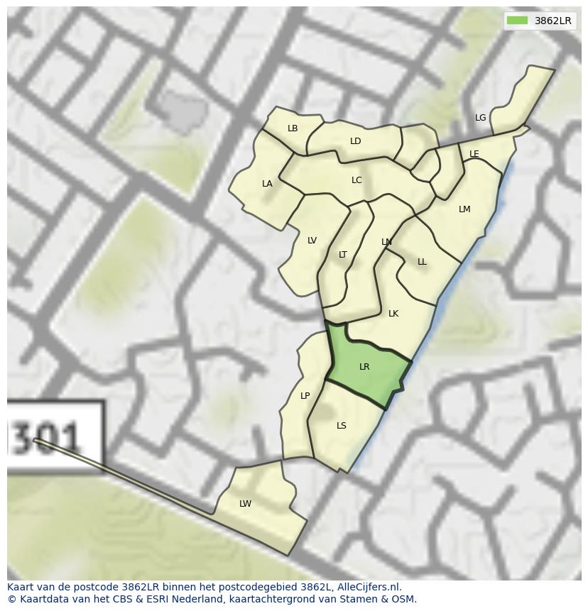 Afbeelding van het postcodegebied 3862 LR op de kaart.