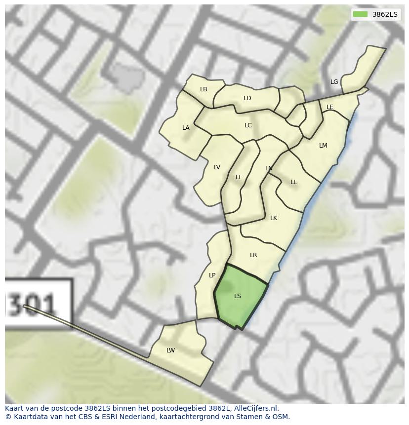 Afbeelding van het postcodegebied 3862 LS op de kaart.