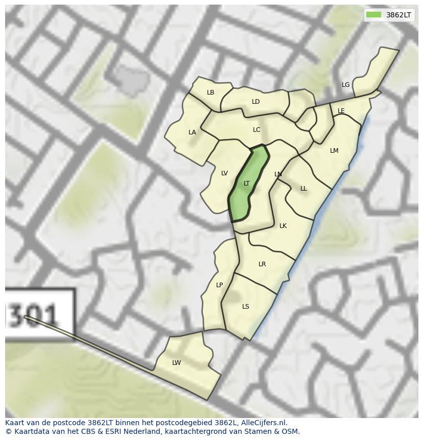 Afbeelding van het postcodegebied 3862 LT op de kaart.
