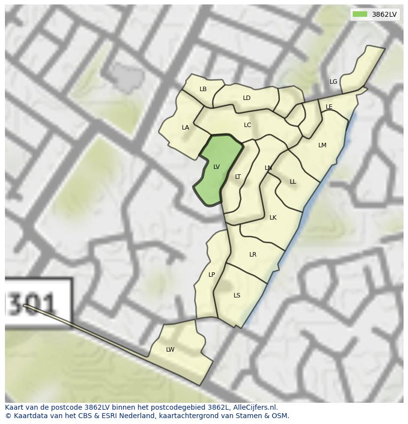 Afbeelding van het postcodegebied 3862 LV op de kaart.