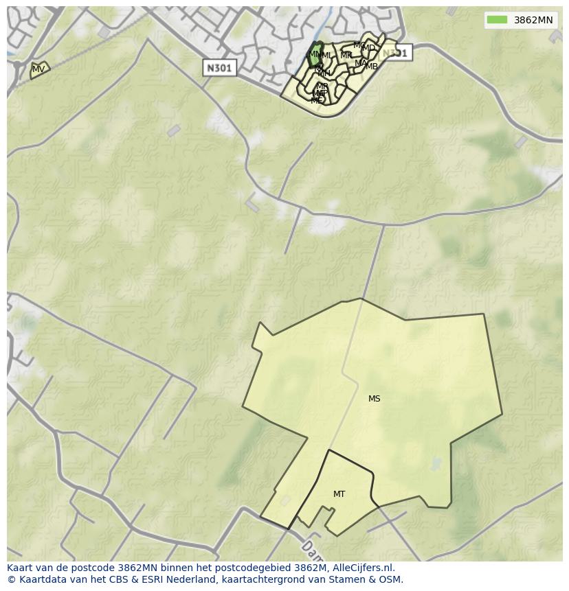 Afbeelding van het postcodegebied 3862 MN op de kaart.