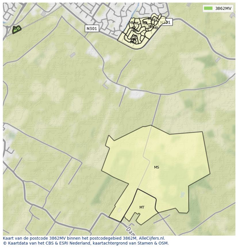 Afbeelding van het postcodegebied 3862 MV op de kaart.