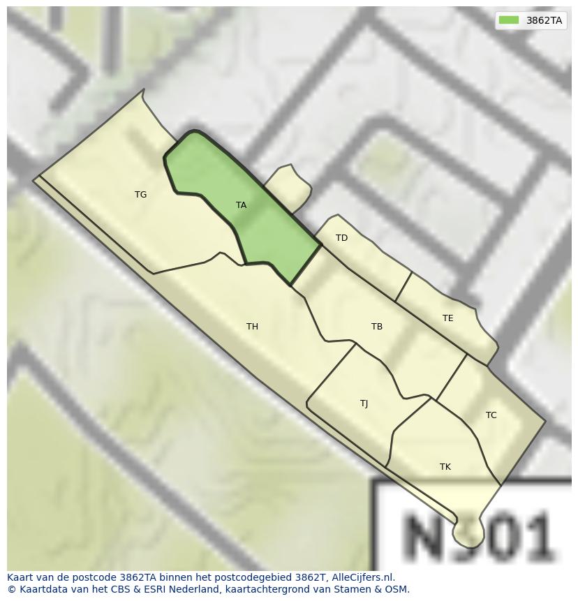 Afbeelding van het postcodegebied 3862 TA op de kaart.
