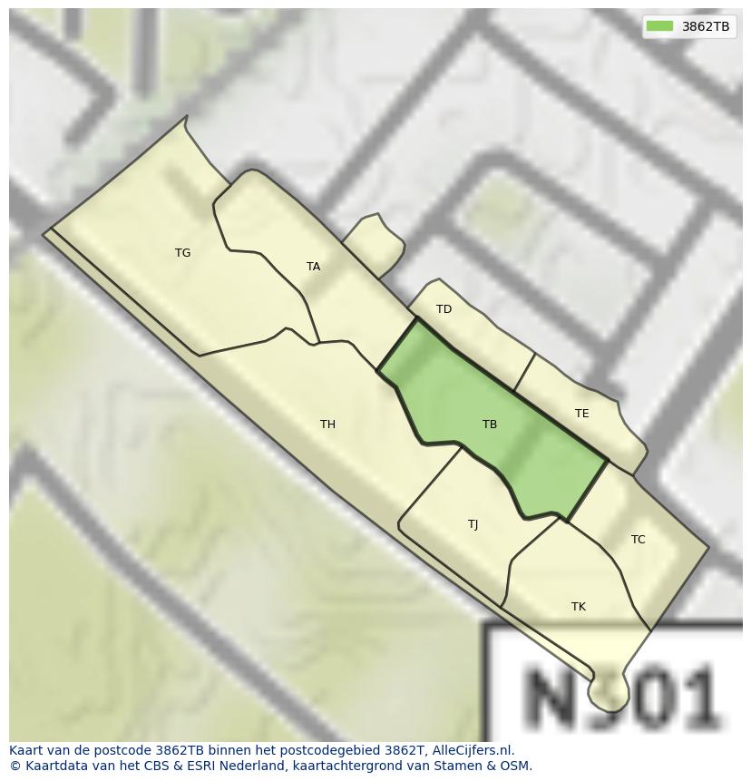 Afbeelding van het postcodegebied 3862 TB op de kaart.