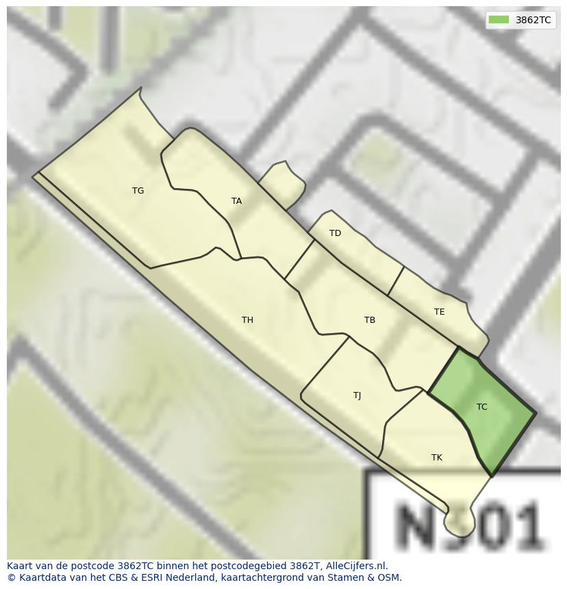 Afbeelding van het postcodegebied 3862 TC op de kaart.
