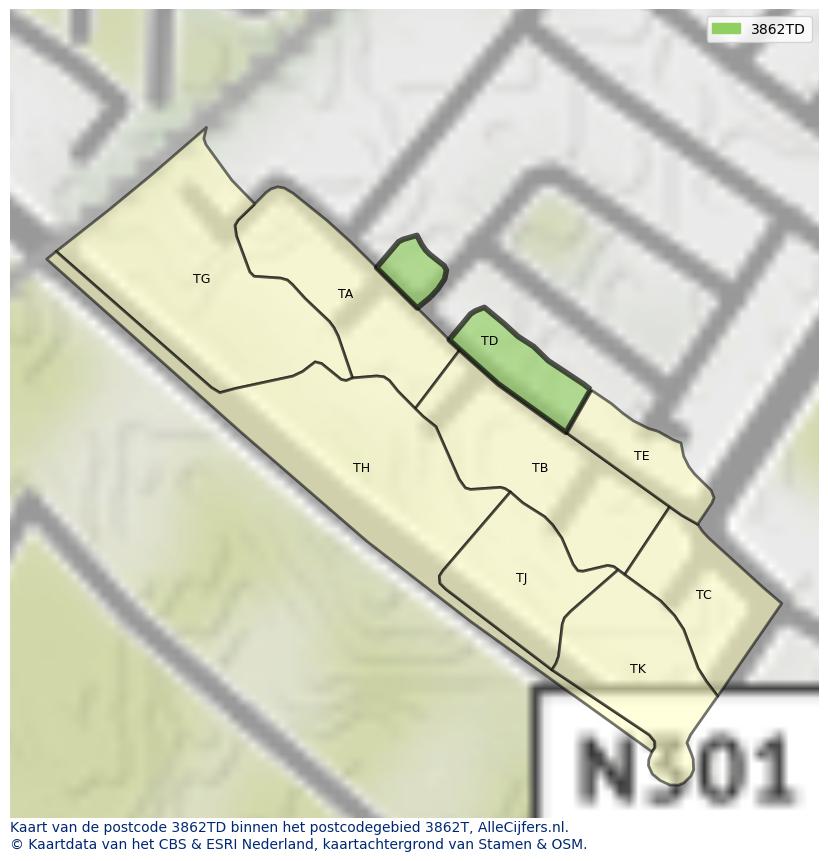 Afbeelding van het postcodegebied 3862 TD op de kaart.