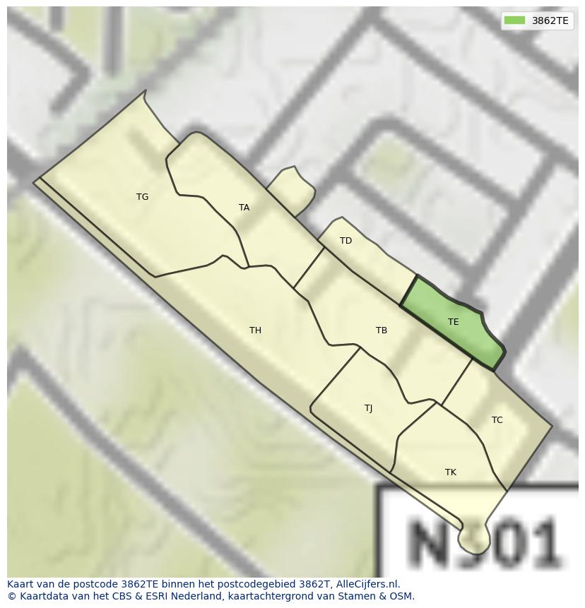 Afbeelding van het postcodegebied 3862 TE op de kaart.