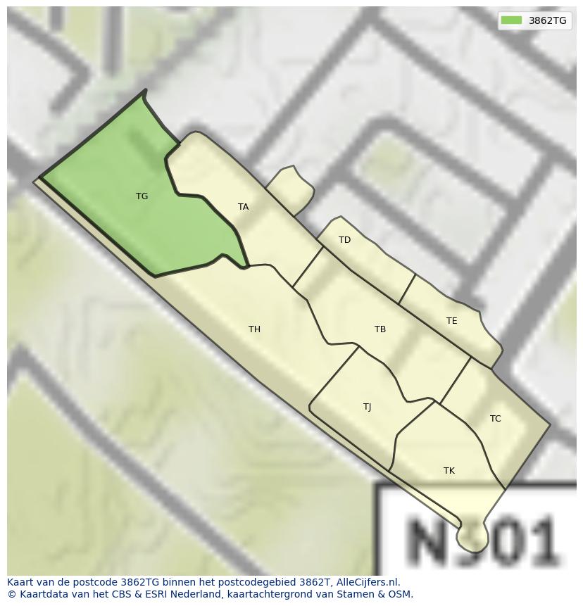 Afbeelding van het postcodegebied 3862 TG op de kaart.