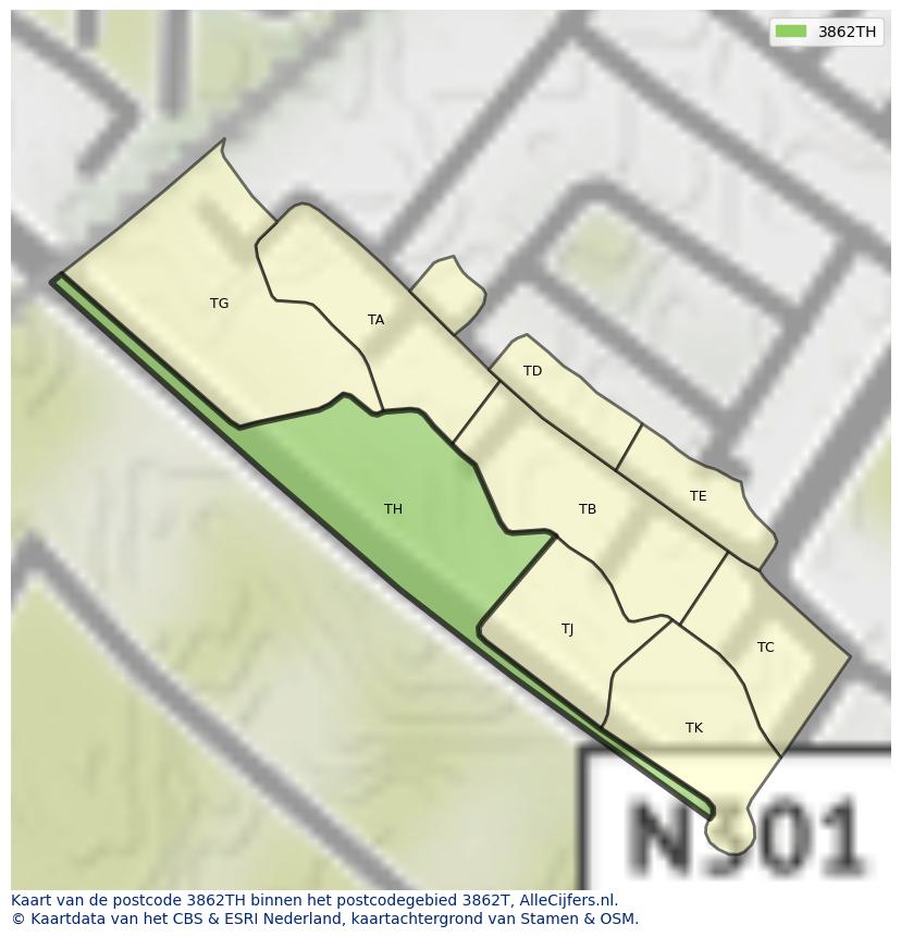 Afbeelding van het postcodegebied 3862 TH op de kaart.