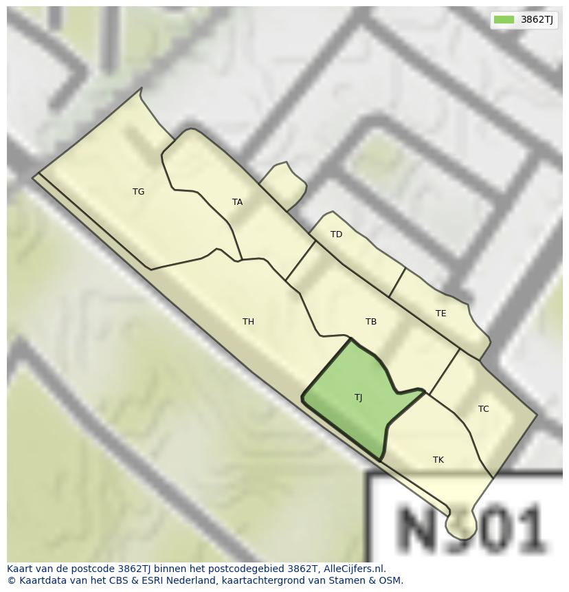 Afbeelding van het postcodegebied 3862 TJ op de kaart.