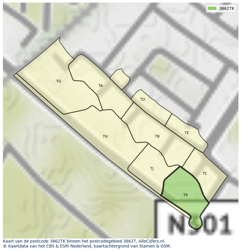 Afbeelding van het postcodegebied 3862 TK op de kaart.