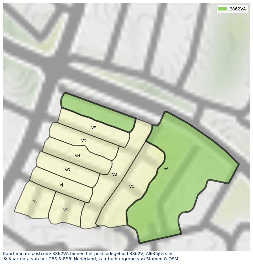 Afbeelding van het postcodegebied 3862 VA op de kaart.