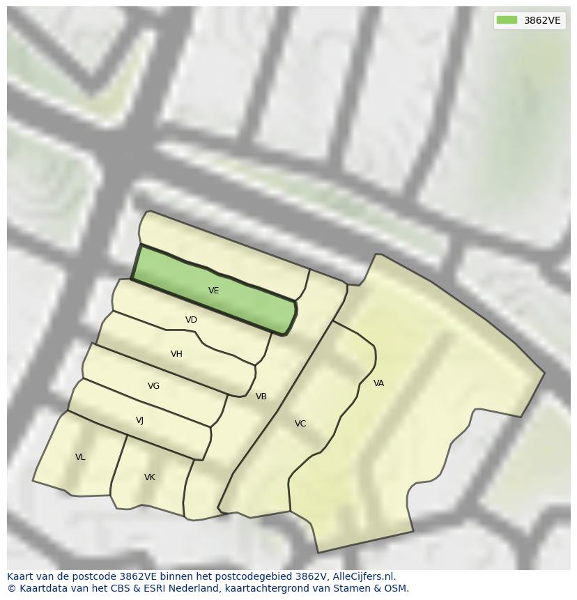 Afbeelding van het postcodegebied 3862 VE op de kaart.