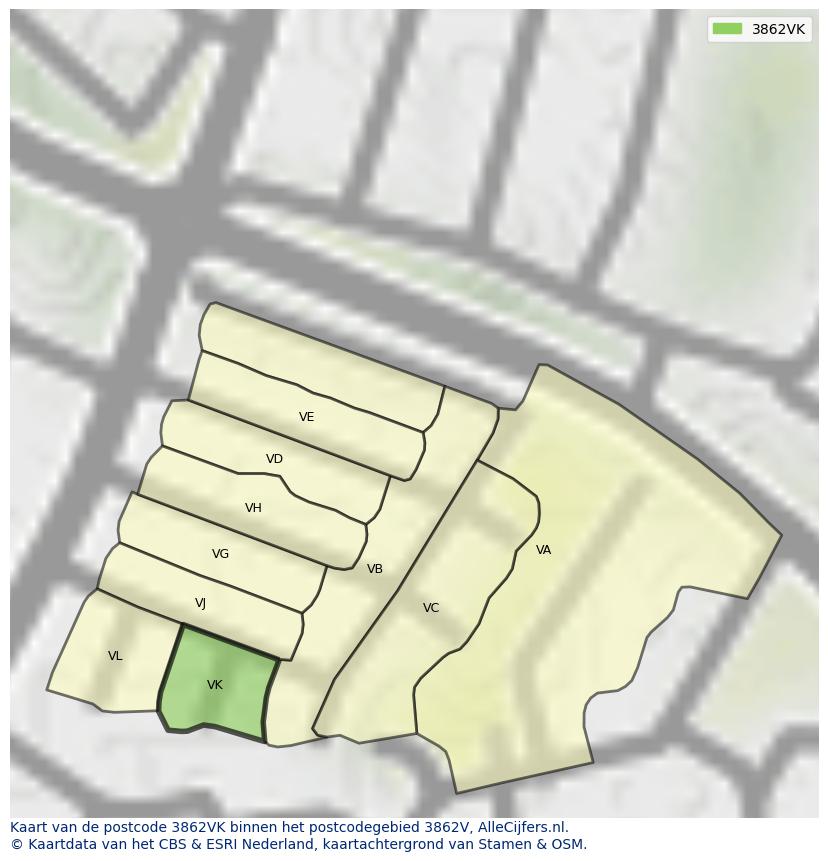 Afbeelding van het postcodegebied 3862 VK op de kaart.