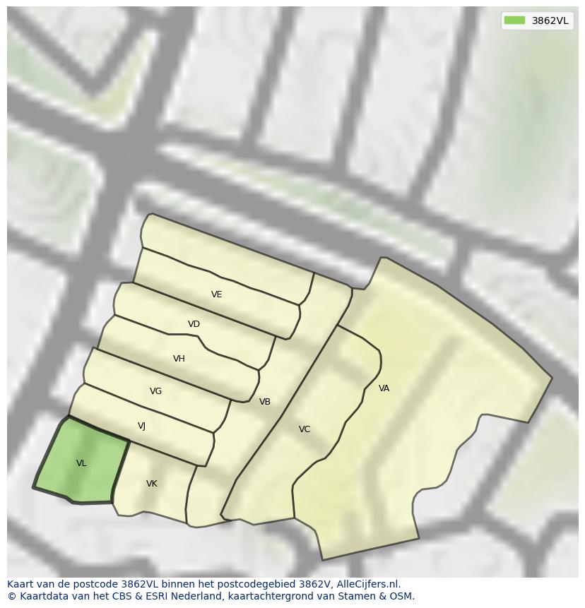Afbeelding van het postcodegebied 3862 VL op de kaart.