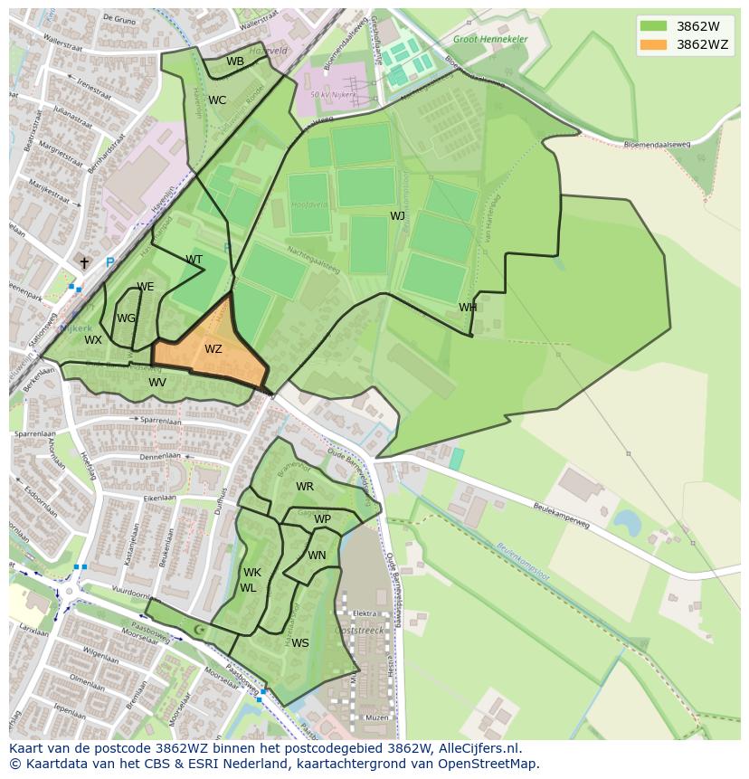 Afbeelding van het postcodegebied 3862 WZ op de kaart.