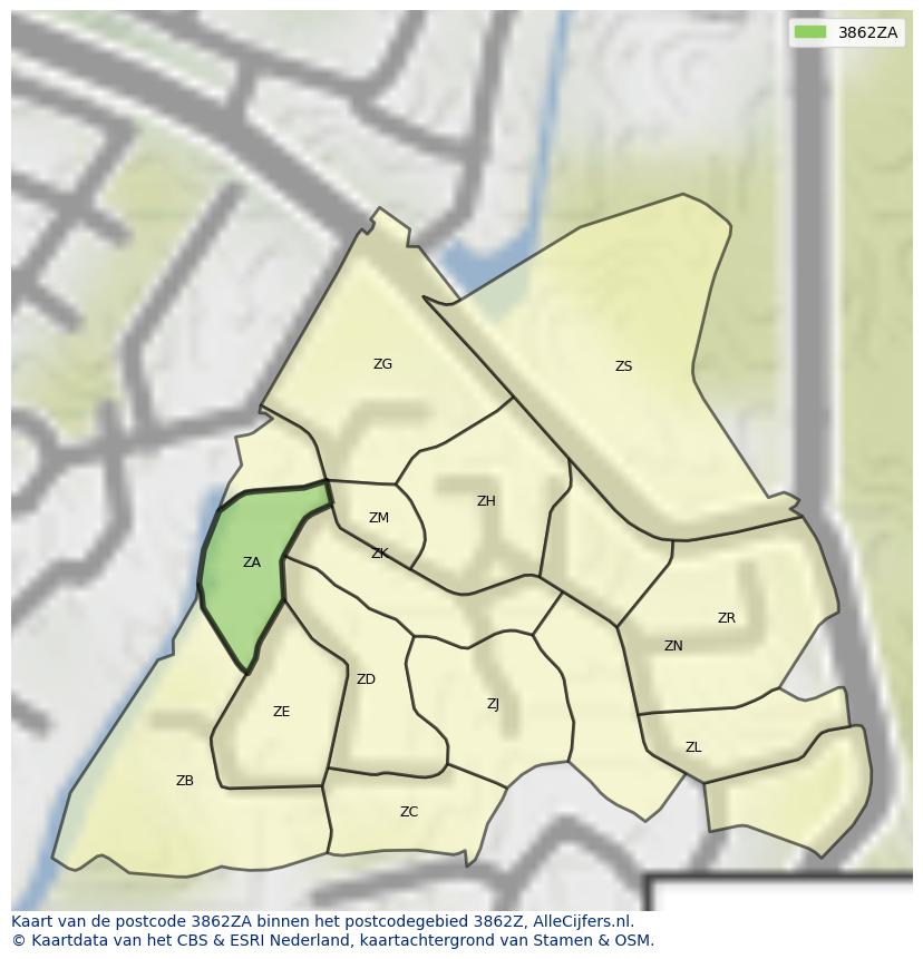 Afbeelding van het postcodegebied 3862 ZA op de kaart.