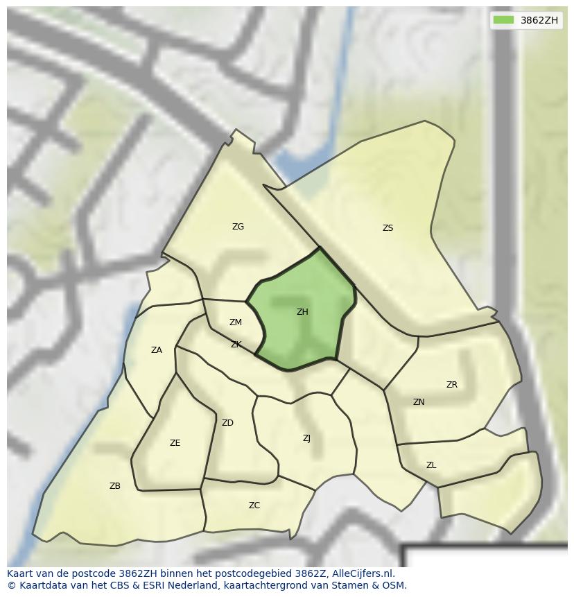 Afbeelding van het postcodegebied 3862 ZH op de kaart.