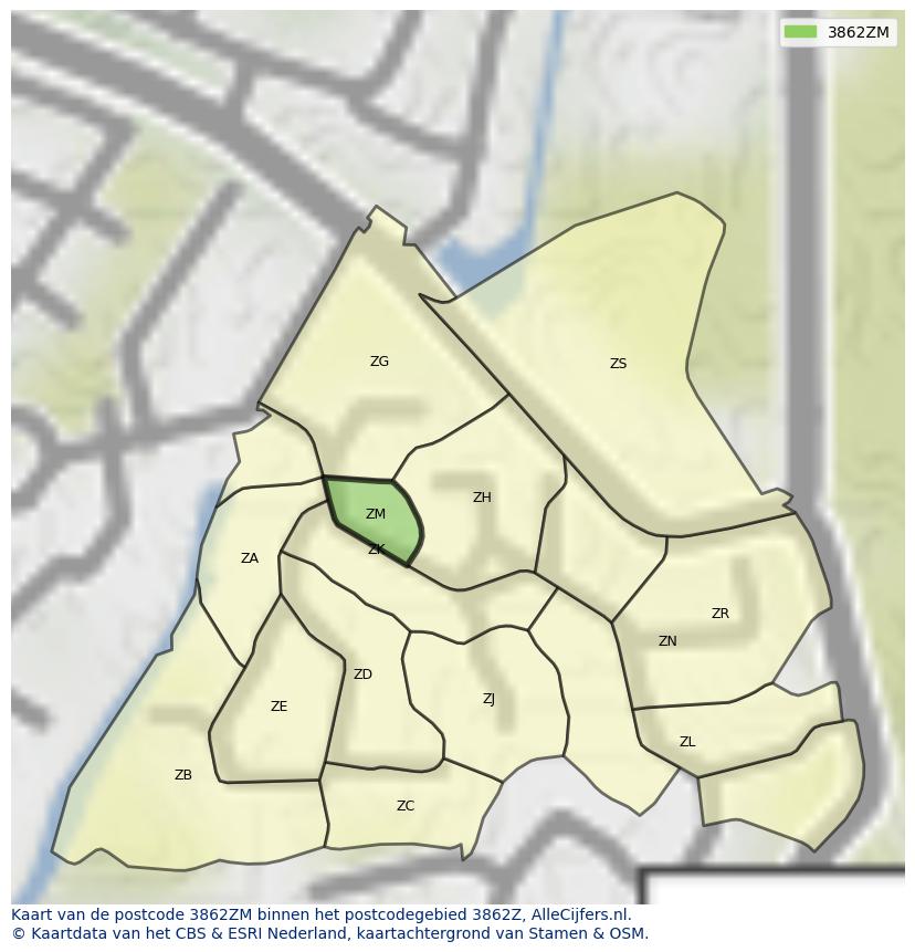 Afbeelding van het postcodegebied 3862 ZM op de kaart.