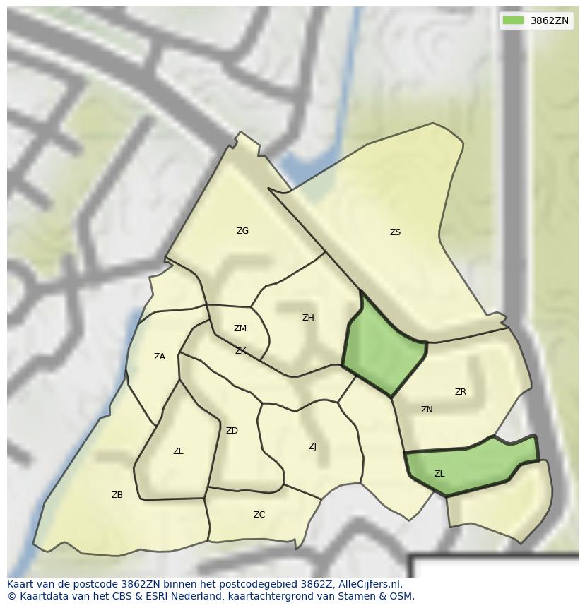 Afbeelding van het postcodegebied 3862 ZN op de kaart.