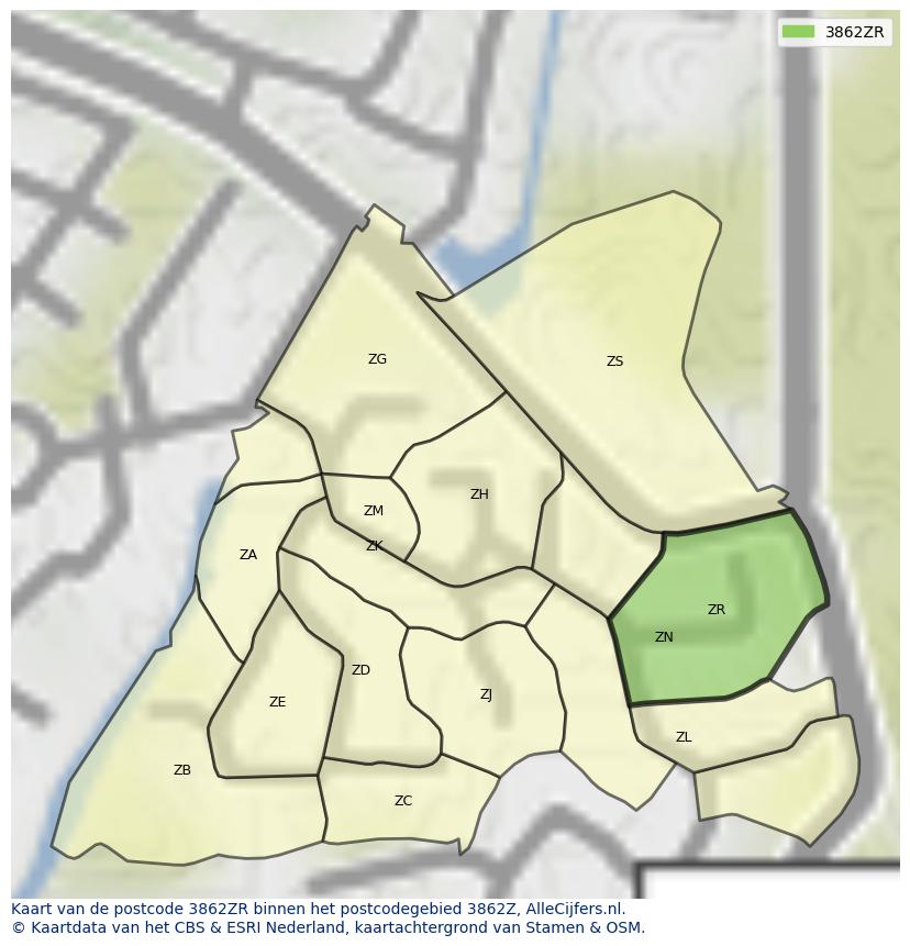 Afbeelding van het postcodegebied 3862 ZR op de kaart.