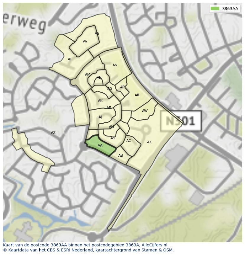 Afbeelding van het postcodegebied 3863 AA op de kaart.