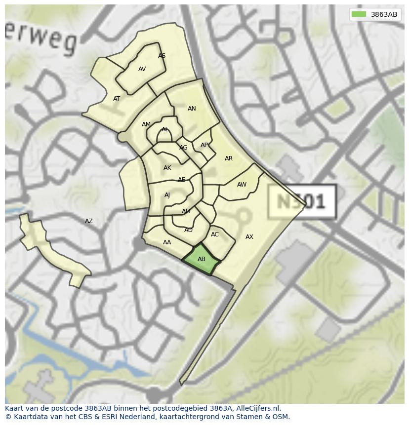 Afbeelding van het postcodegebied 3863 AB op de kaart.