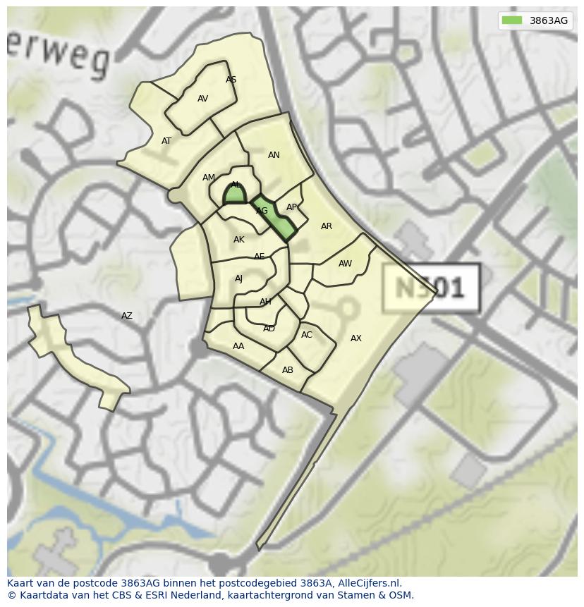Afbeelding van het postcodegebied 3863 AG op de kaart.