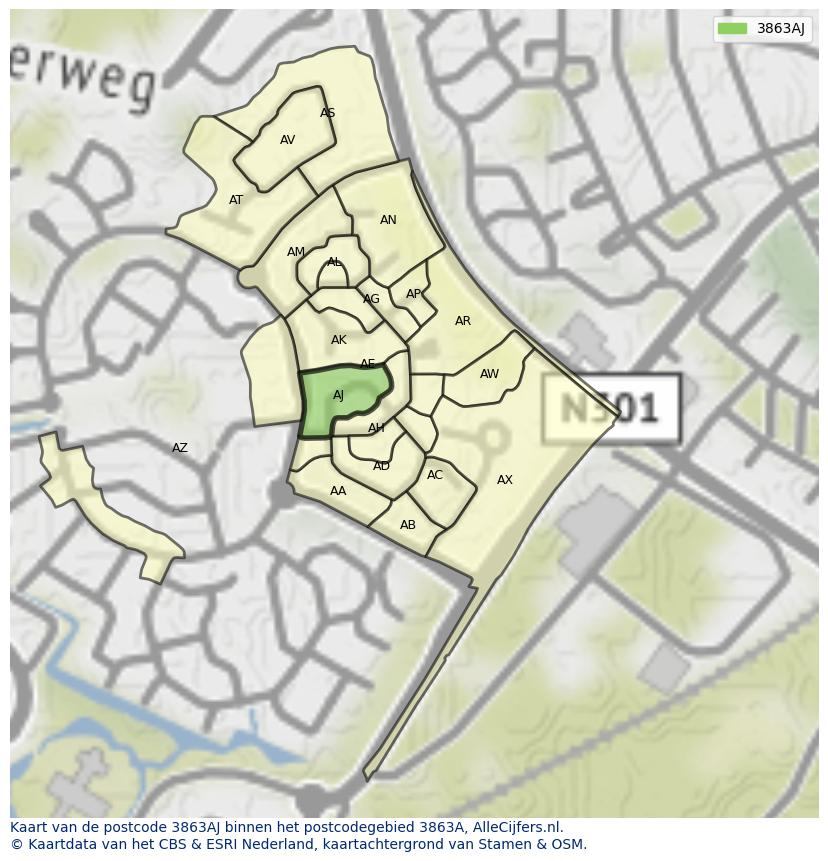 Afbeelding van het postcodegebied 3863 AJ op de kaart.