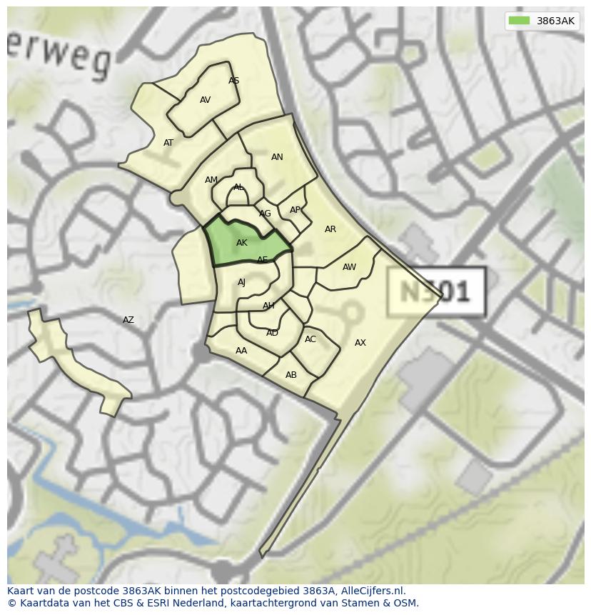 Afbeelding van het postcodegebied 3863 AK op de kaart.