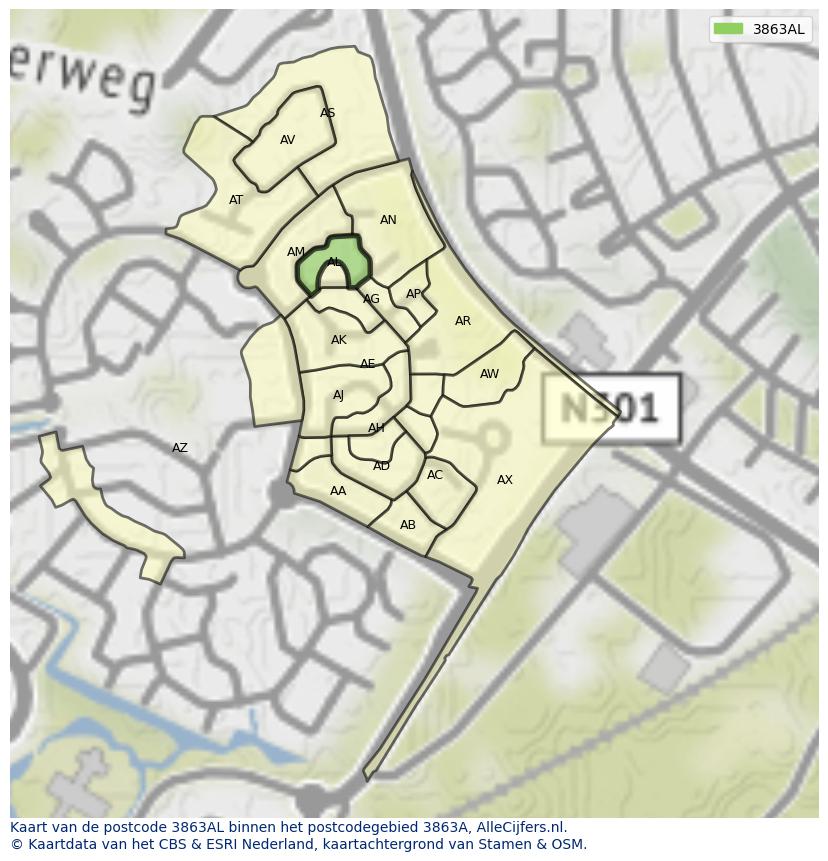 Afbeelding van het postcodegebied 3863 AL op de kaart.