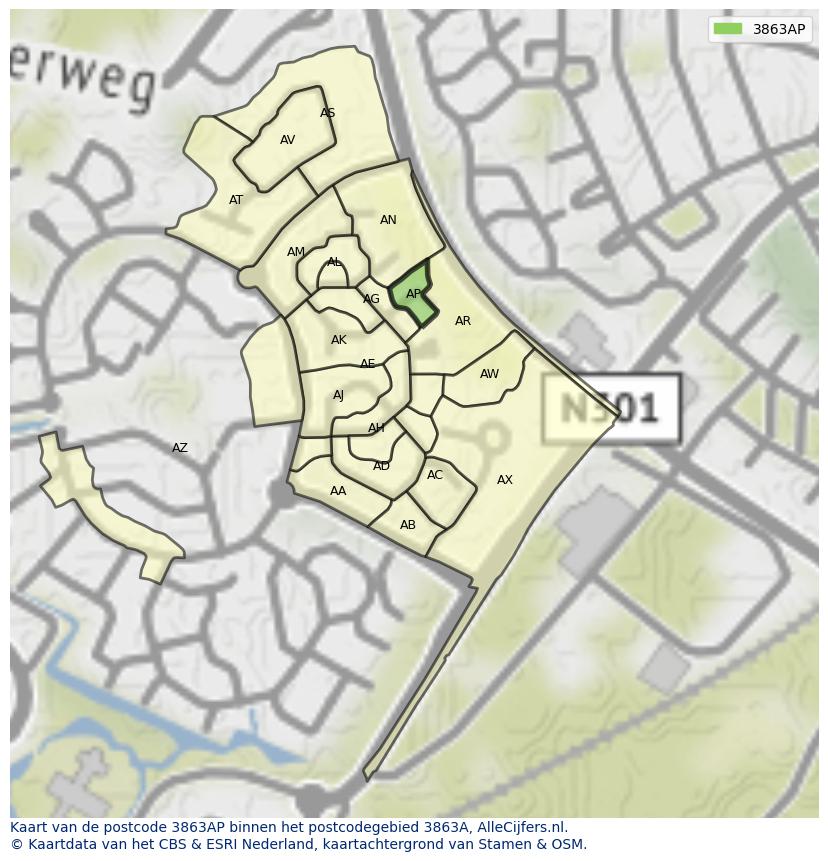 Afbeelding van het postcodegebied 3863 AP op de kaart.