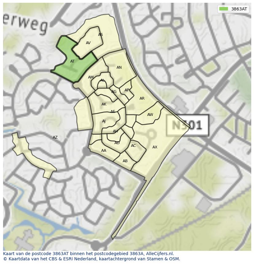Afbeelding van het postcodegebied 3863 AT op de kaart.