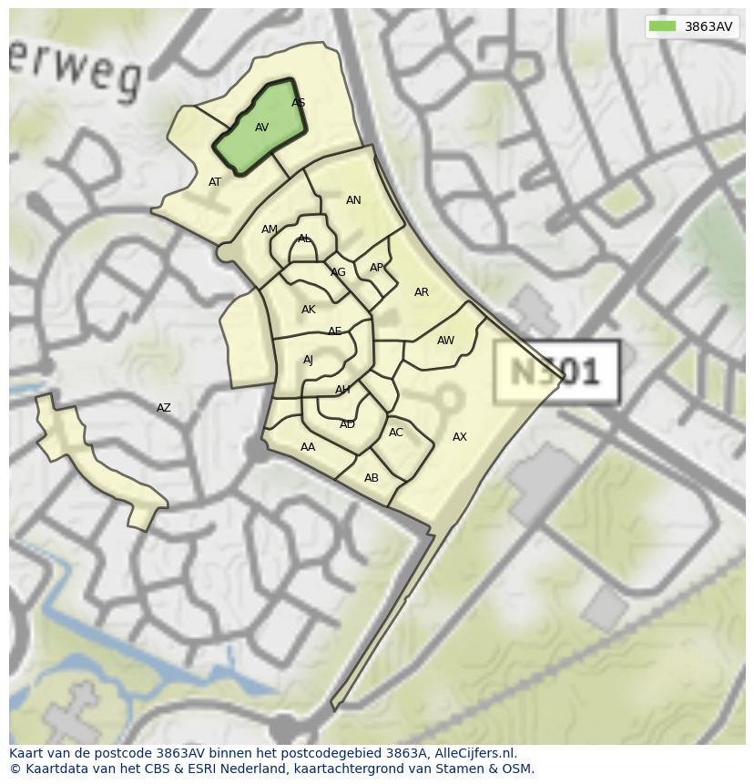 Afbeelding van het postcodegebied 3863 AV op de kaart.