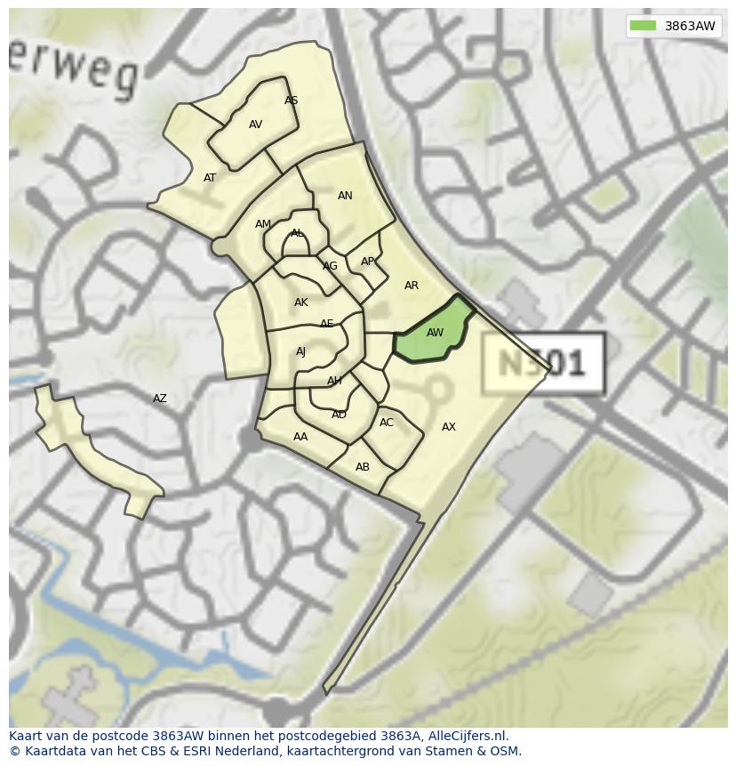 Afbeelding van het postcodegebied 3863 AW op de kaart.