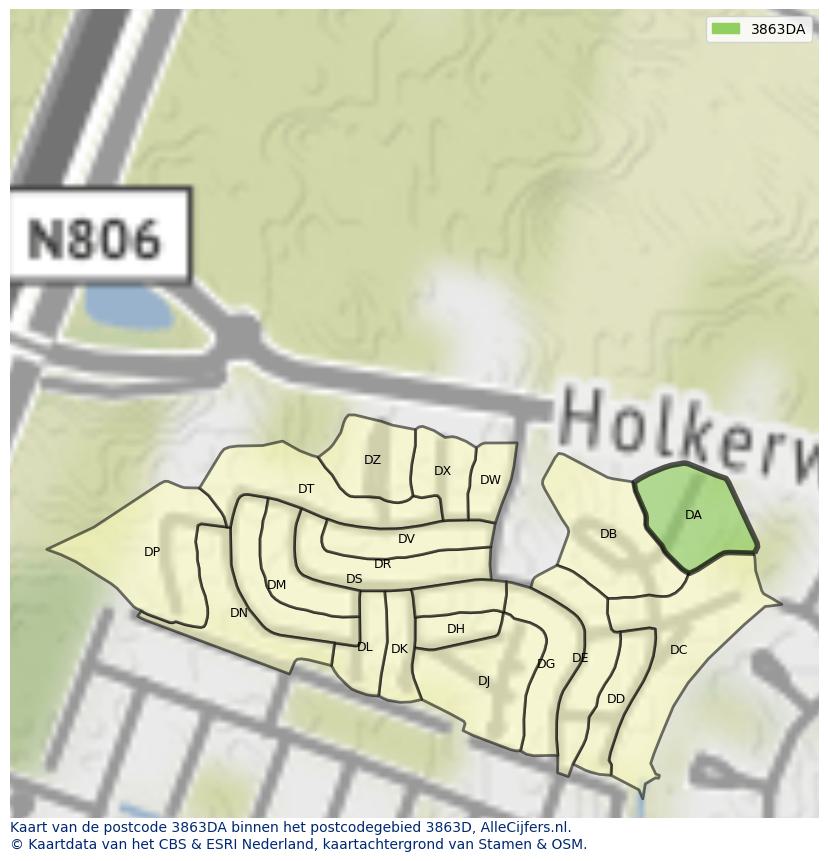 Afbeelding van het postcodegebied 3863 DA op de kaart.