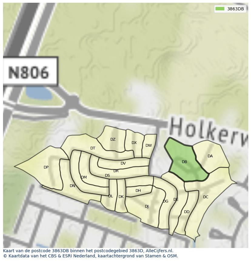 Afbeelding van het postcodegebied 3863 DB op de kaart.