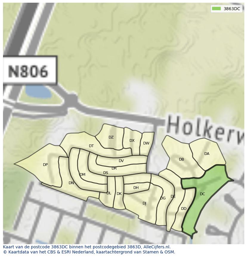 Afbeelding van het postcodegebied 3863 DC op de kaart.