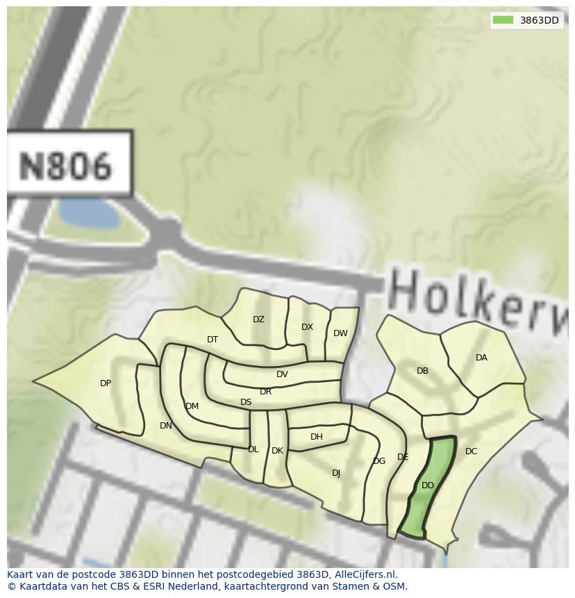 Afbeelding van het postcodegebied 3863 DD op de kaart.