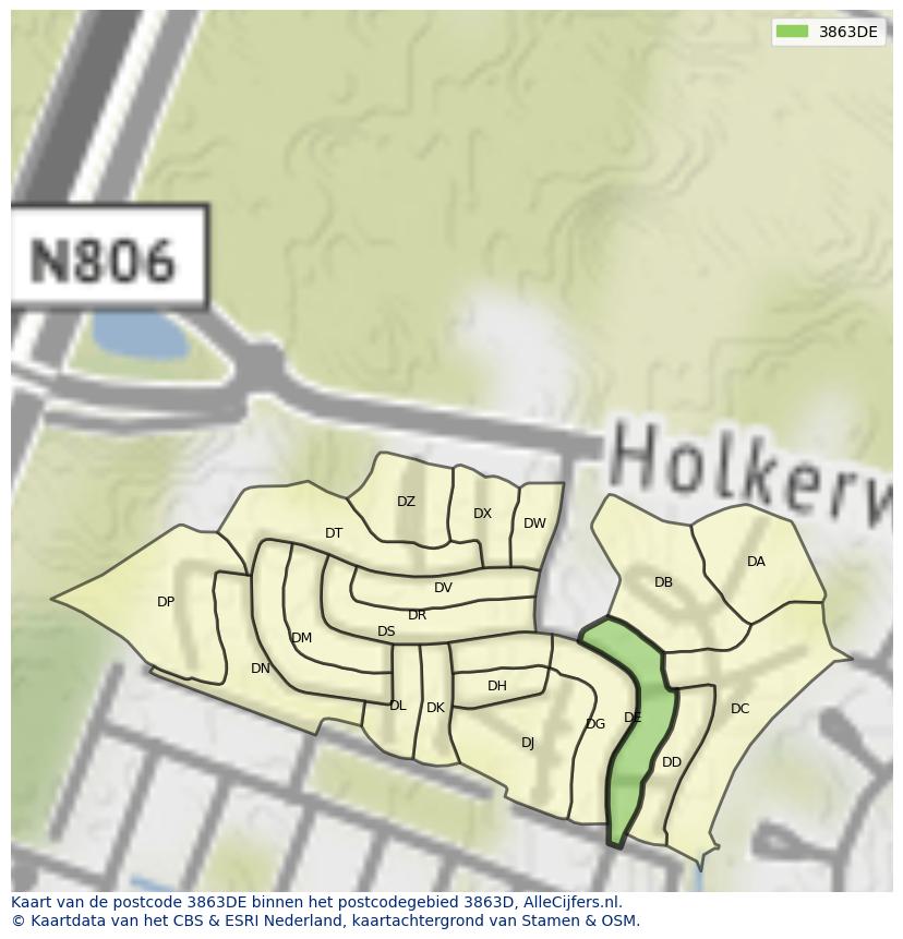 Afbeelding van het postcodegebied 3863 DE op de kaart.