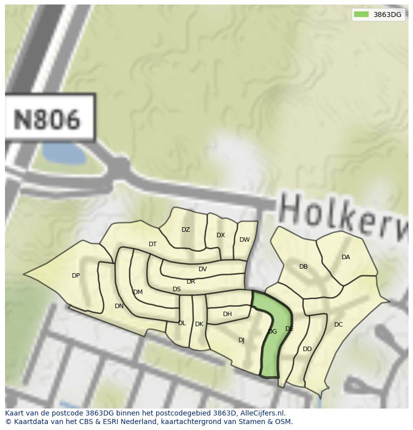 Afbeelding van het postcodegebied 3863 DG op de kaart.