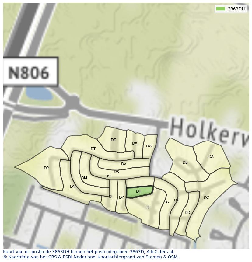 Afbeelding van het postcodegebied 3863 DH op de kaart.