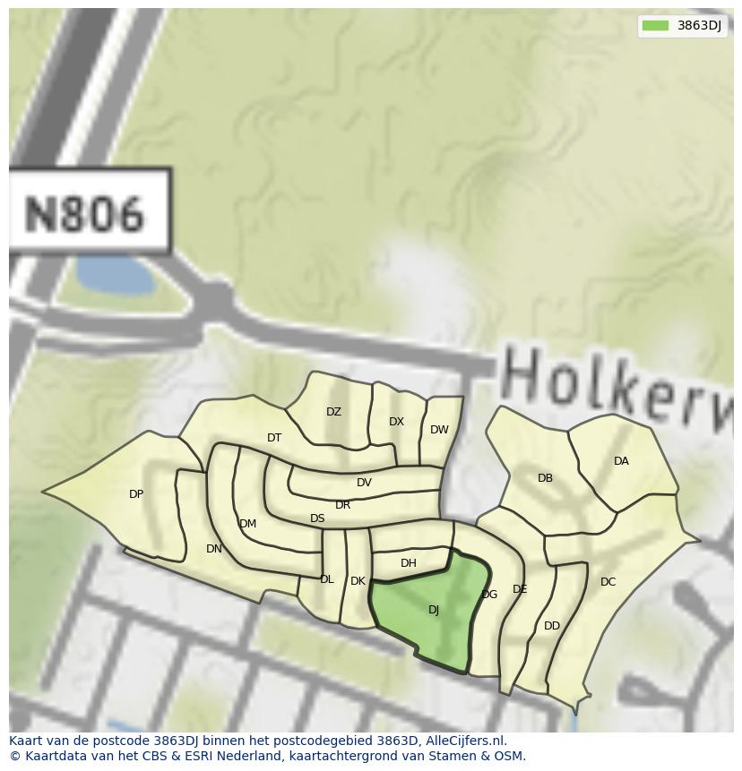 Afbeelding van het postcodegebied 3863 DJ op de kaart.