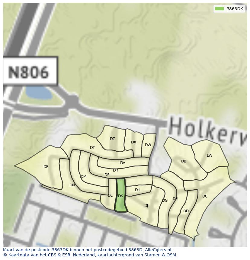 Afbeelding van het postcodegebied 3863 DK op de kaart.